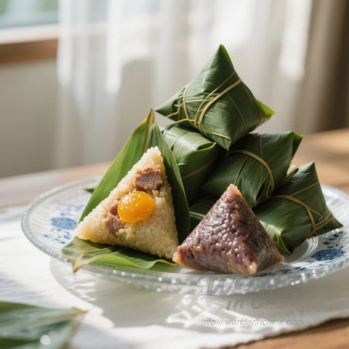 新鮮に蒸された粽子（中国のもち米の団子）がいくつか包みを開けて食べやすいように並べられ、もち米と詰め物の様子が写っています。照明は自然で少し暖かく、米と葉の質感を際立たせています。背景は少しぼやけており、市場の屋台や家族の台所テーブルのような素朴で伝統的な設定を示唆しています。プロの料理写真のスタイル。