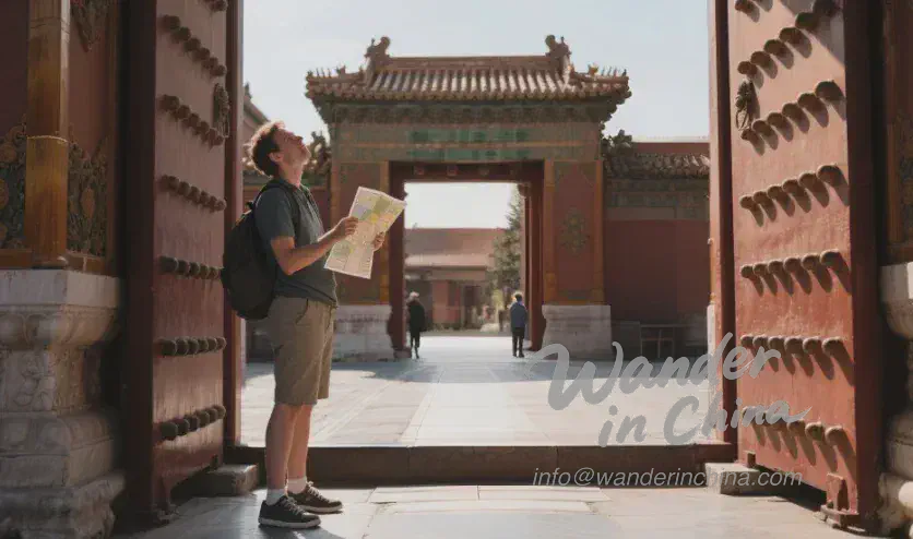 Foreign tourist admiring the Gate of Supreme Harmony in the Forbidden City.