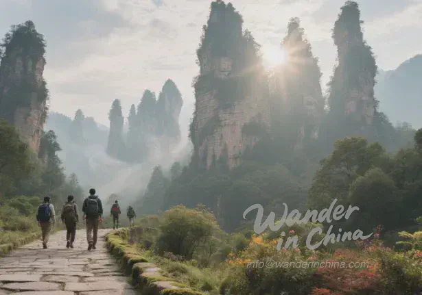 張家界国家森林公園の石畳の道を行くハイカー。