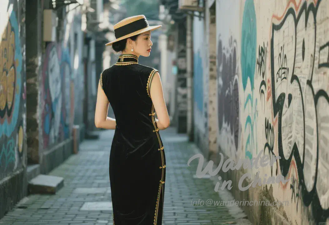 전통 중국 치파오에서 영감을 받은 현대 의상.