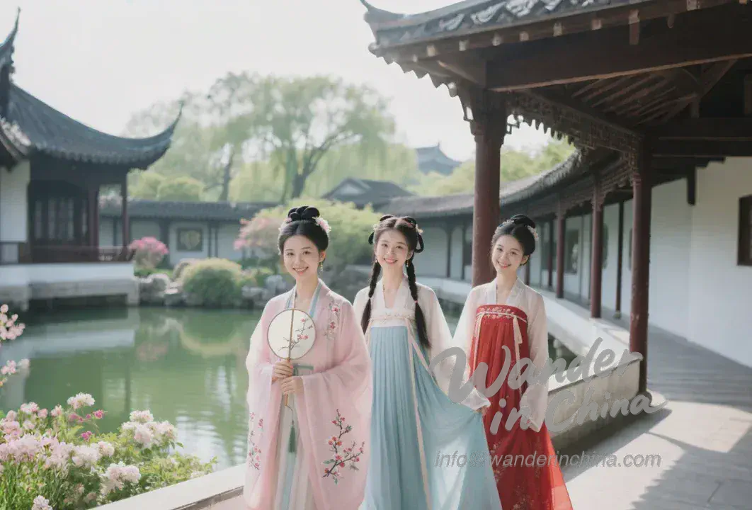 세 명의 여성이 다양한 스타일의 한푸를 입고 있습니다.