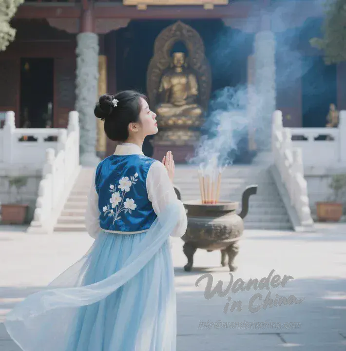 중국 사찰에서 한푸를 존중하며 입고 있는 관광객.