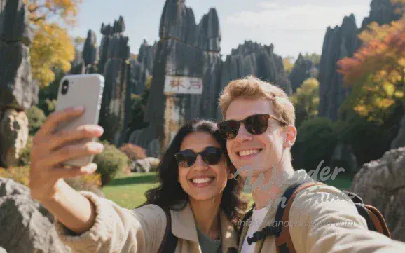 Tourists enjoying the scenery at the Stone Forest in autumn.