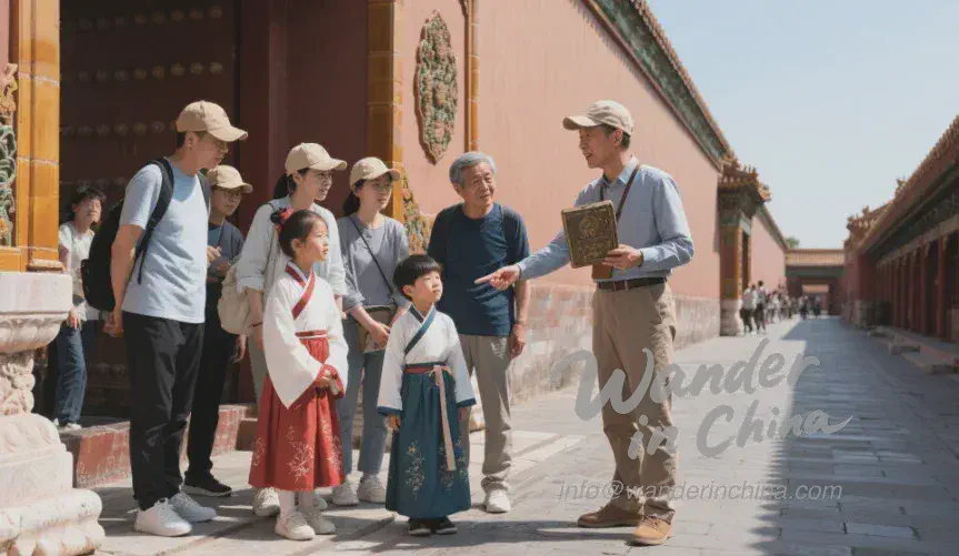 Tourists listening to tour guide in Forbidden City.