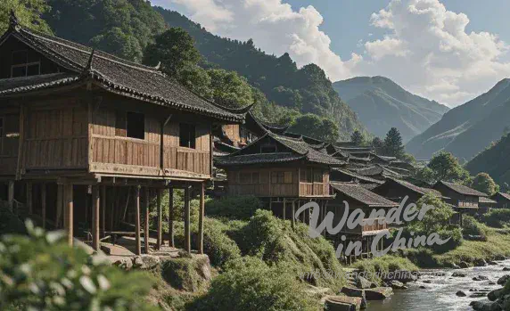 Traditional Tujia village in Zhangjiajie with stilt houses.