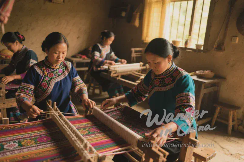 Tujia women weaving traditional brocade in Zhangjiajie.