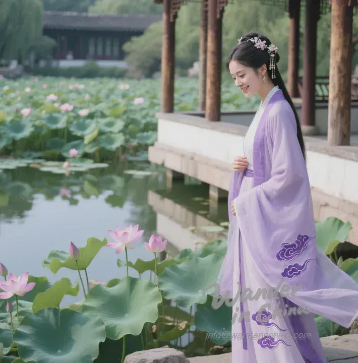 女子身著漢服在中國花園