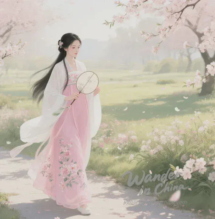 Femme portant un Hanfu Qixiong Ruqun rose dans un jardin.