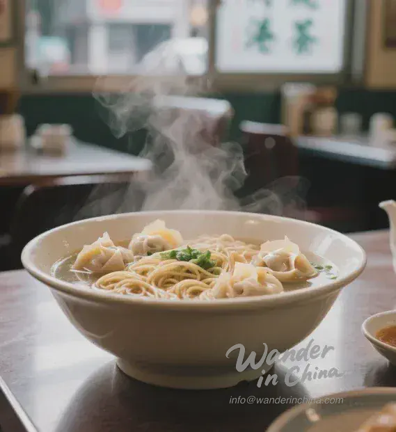 香港のワンタン麺の熱々の器。