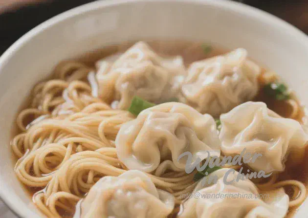 エビワンタンと澄んだスープが入った広東風ワンタン麺。