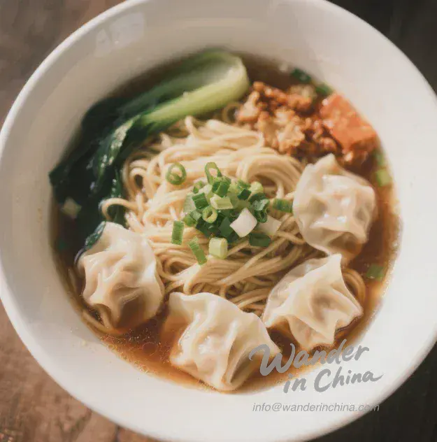 さまざまな薬味を添えたワンタン麺。