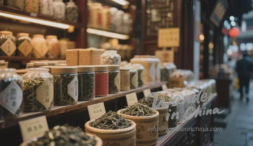 豫園バザールにある中国茶の詰め合わせ。